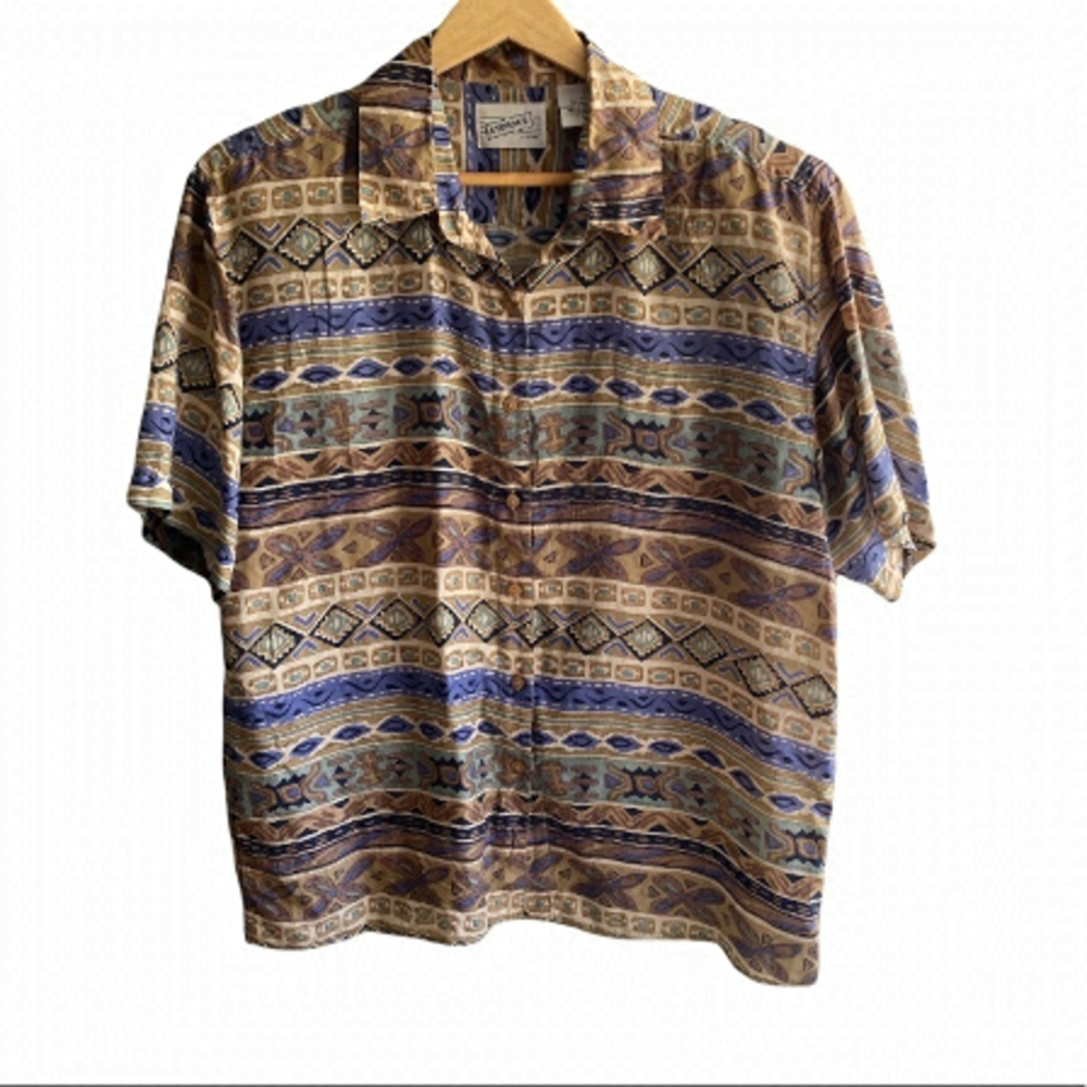 100% Silk Aztec Print Vintage Button Down Shirt with Shoulder Pads 90s Y2K Funky